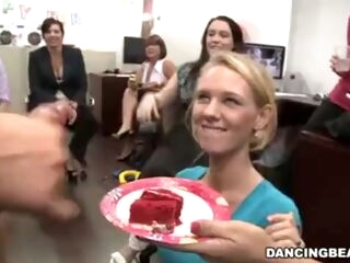 Masculine stripper ejaculates on her slice of cake